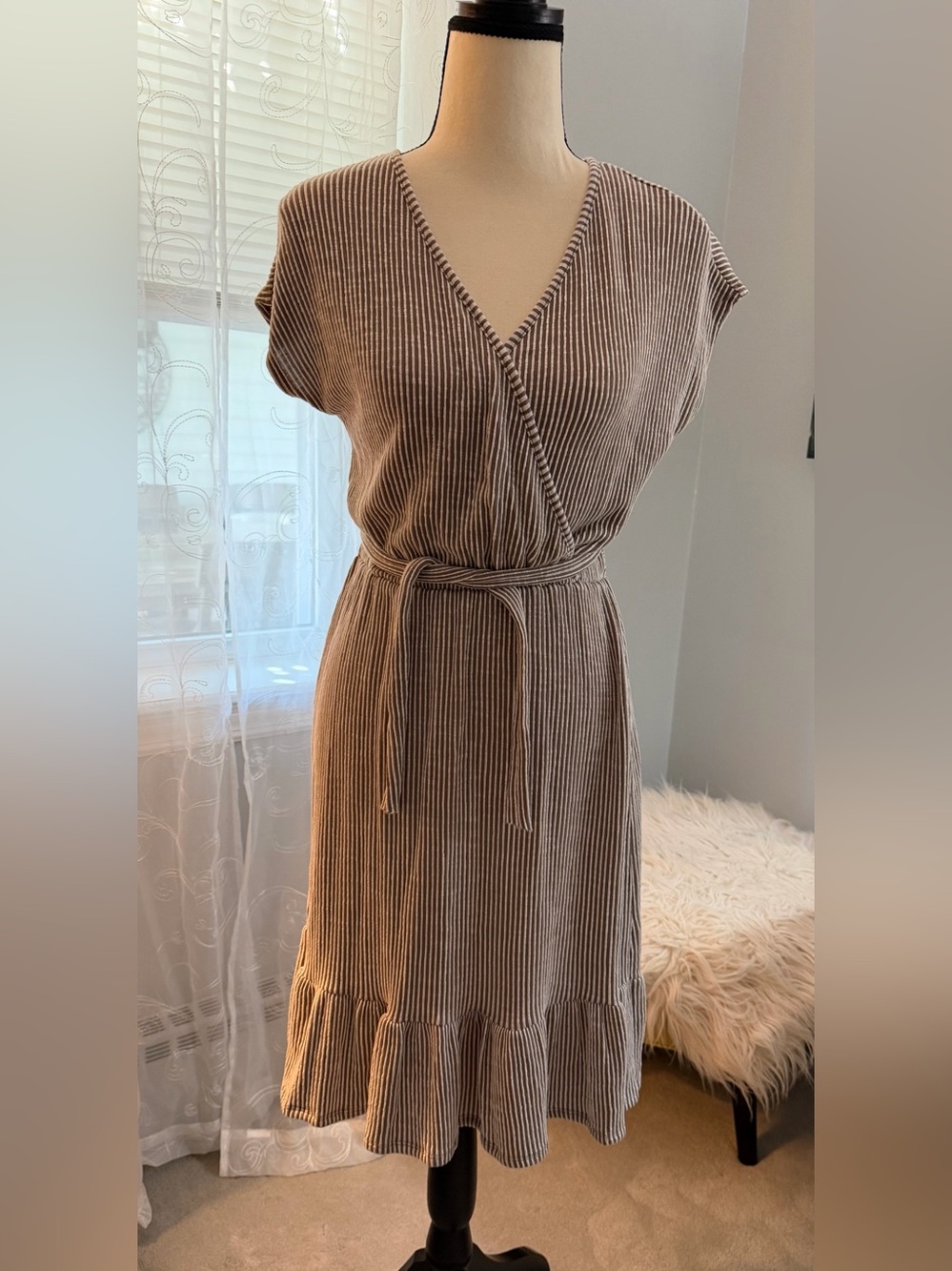 Caution To The Wind Brown Striped Wrap Midi Dress with Tie Waist